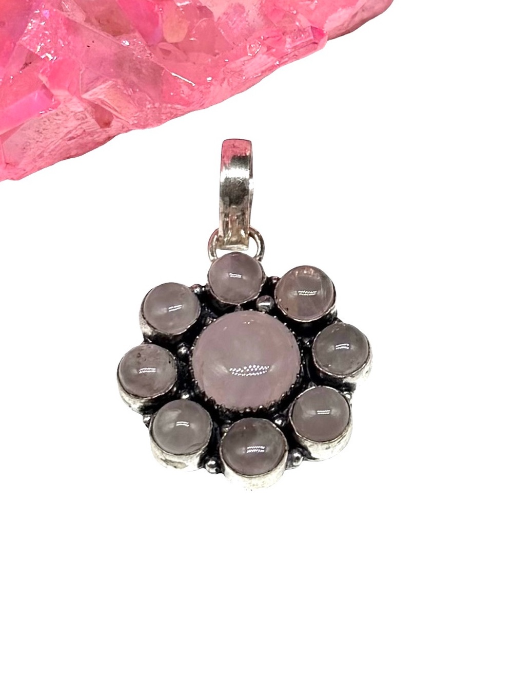 Rose Quartz Flower Necklace Pendant 925 Sterling Silver Overlay Pink